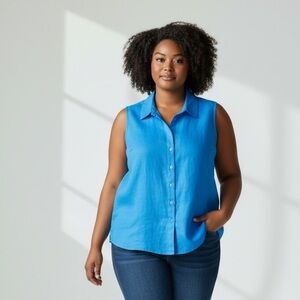 Ecru 100% light linen weave, sleeveless, button up top